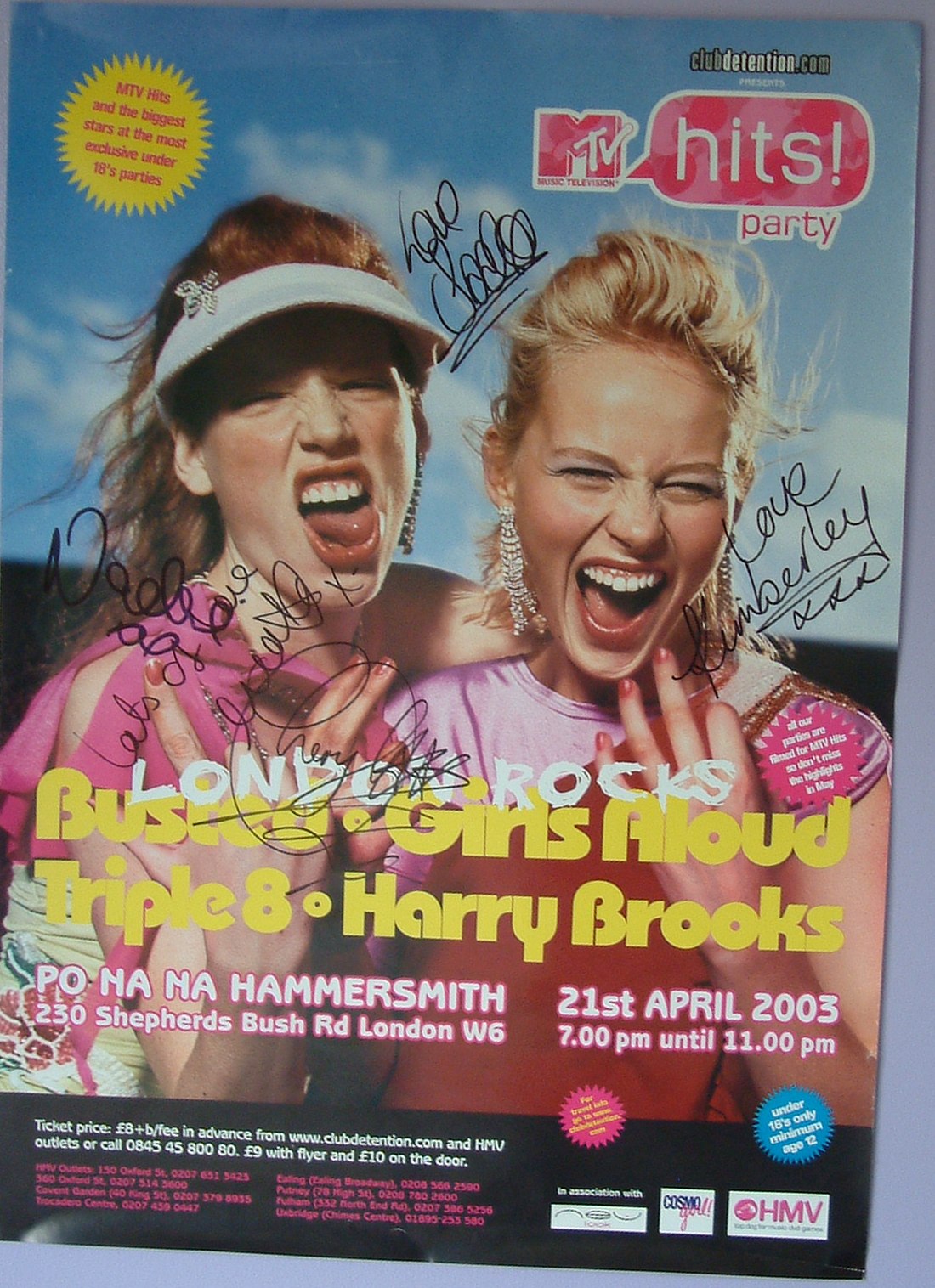 Signed flyer for the MTV Hits party, London Rocks, at Po Na Na Hammersmith on 21 April 2003, featuring Busted, Girls Aloud, Triple 8 and Harry Brooks, marked under-18s only, minimum age 12